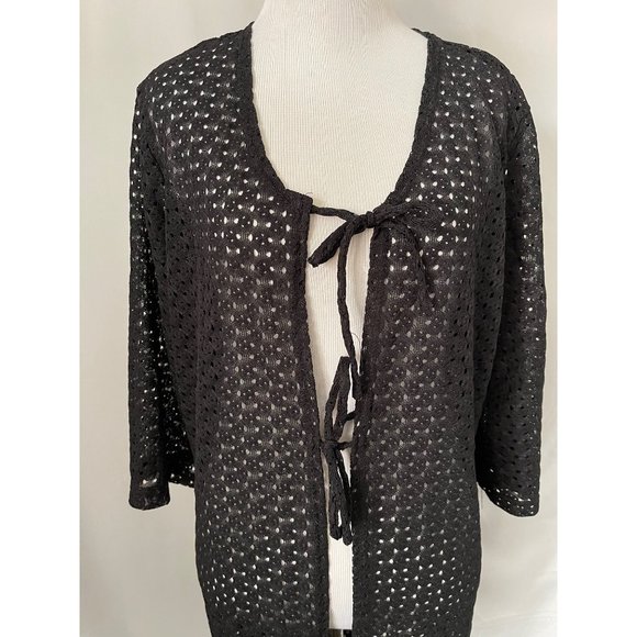 Anne Cole Sweaters - Anne Cole Black Lace Eyelet 3/4 Sleeve Double Tie Front Cardigan